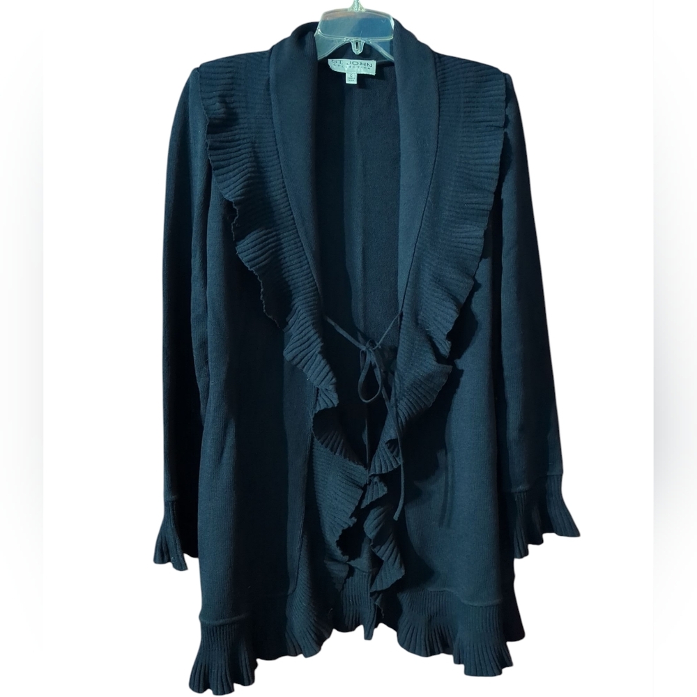 St John Womens Long Cardigan Sweater Ruffled Santana Knit Quiet Luxury Size 6